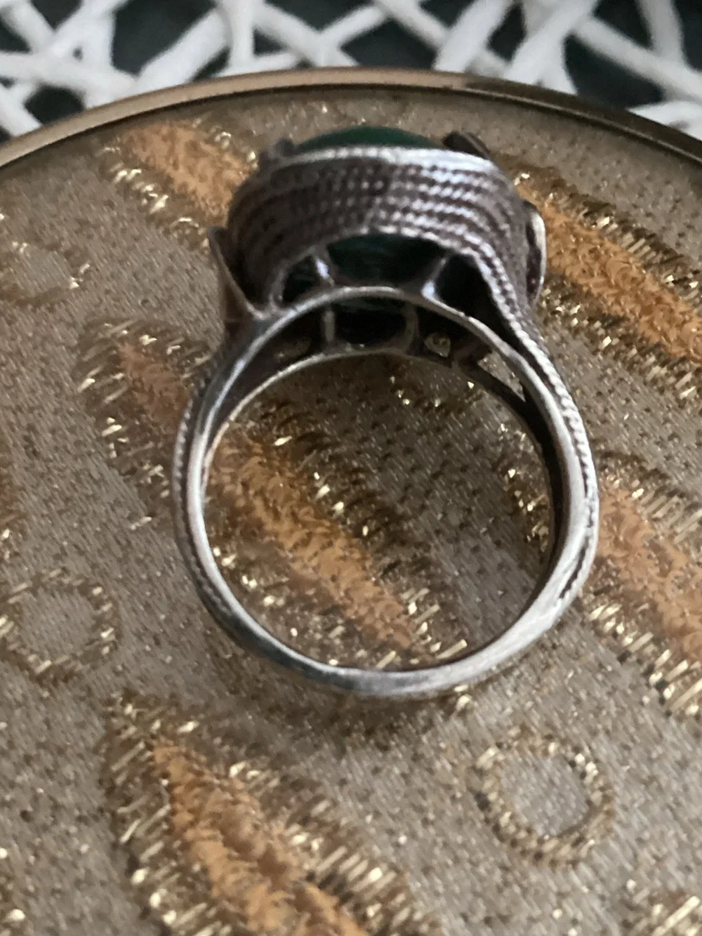 Green Malachite Oval Statement Ring in Sterling Silver Bezel Setting.